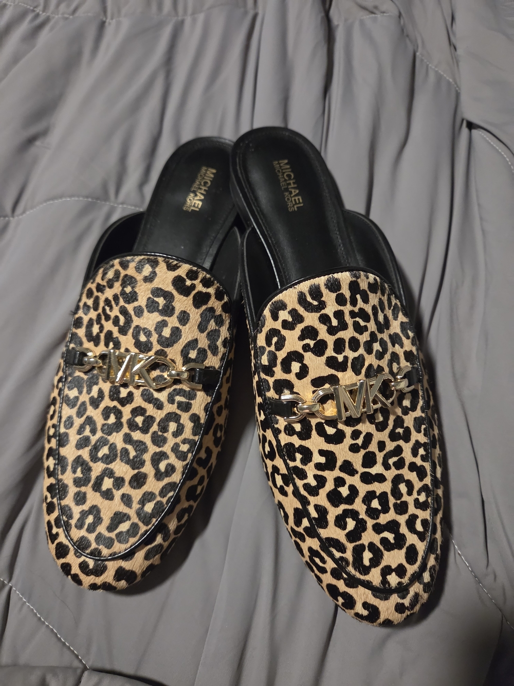 New Michael Kors Leopard Print Slide Mules with Gold MK Accent - Black & Tan